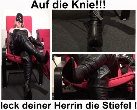 Auf die Knie Sklave leck der Herrin die Stiefel