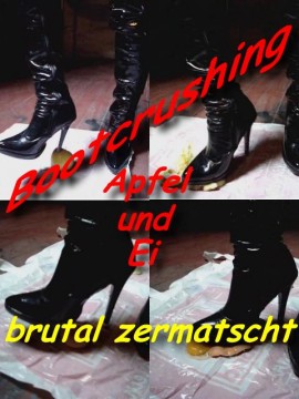 Bootcrushing Apfel und Ei mit Overknee Lack Stiefeln zermatscht