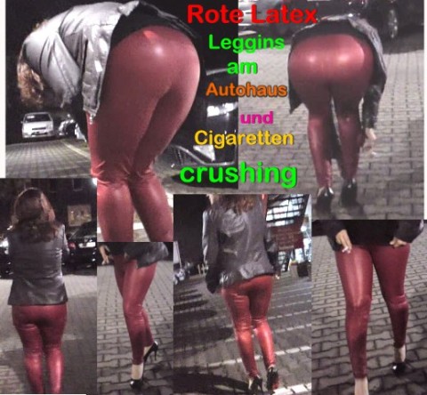 Rauchen in Roten Latex Leggins am Autohaus und Cigaretten crushing