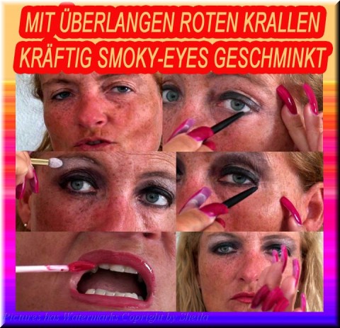 Mit ueberlangen roten Krallen kraeftig SMOKEY-EYES geschminkt