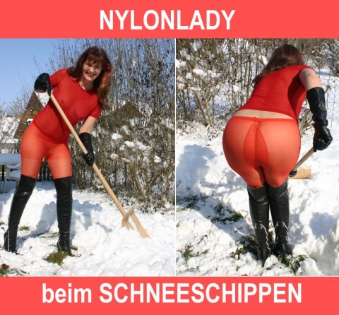 Nylon Lady in the snow-shoveling
